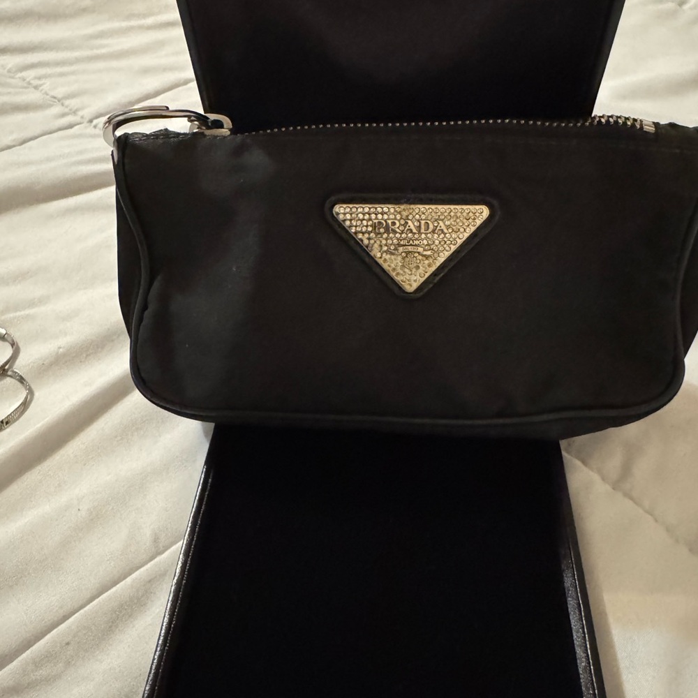 Prada Black Nylon Cosmetic Wrist Pouch with Silver Triangle Logo